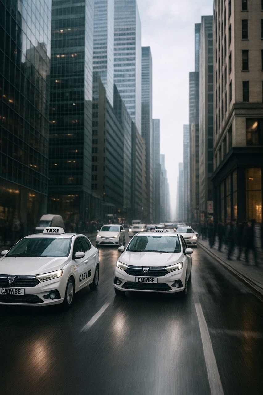Ulica w centrum miasta z białymi taksówkami CabVibe w ruchu. W tle wysokie budynki i rozmyte sylwetki przechodniów. Perspektywa z poziomu jezdni.