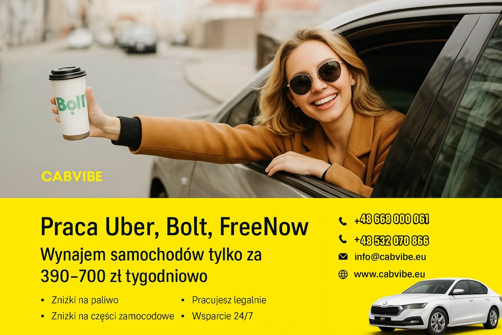 Uśmiechnięta blondynka w okularach w aucie, trzymająca kubek Bolt. Reklama wynajmu aut do pracy jako kierowca Uber, Bolt, FreeNow. Oferta 390-700 zł tygodniowo.
