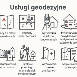 Ilustracje liniowe prezentujące usługi geodezyjne: mapy projektowe, podziały nieruchomości, wytyczenia obiektów, inwentaryzacje, rozgraniczenia, ustalanie granic, wznowienia znaków, mapy prawne.