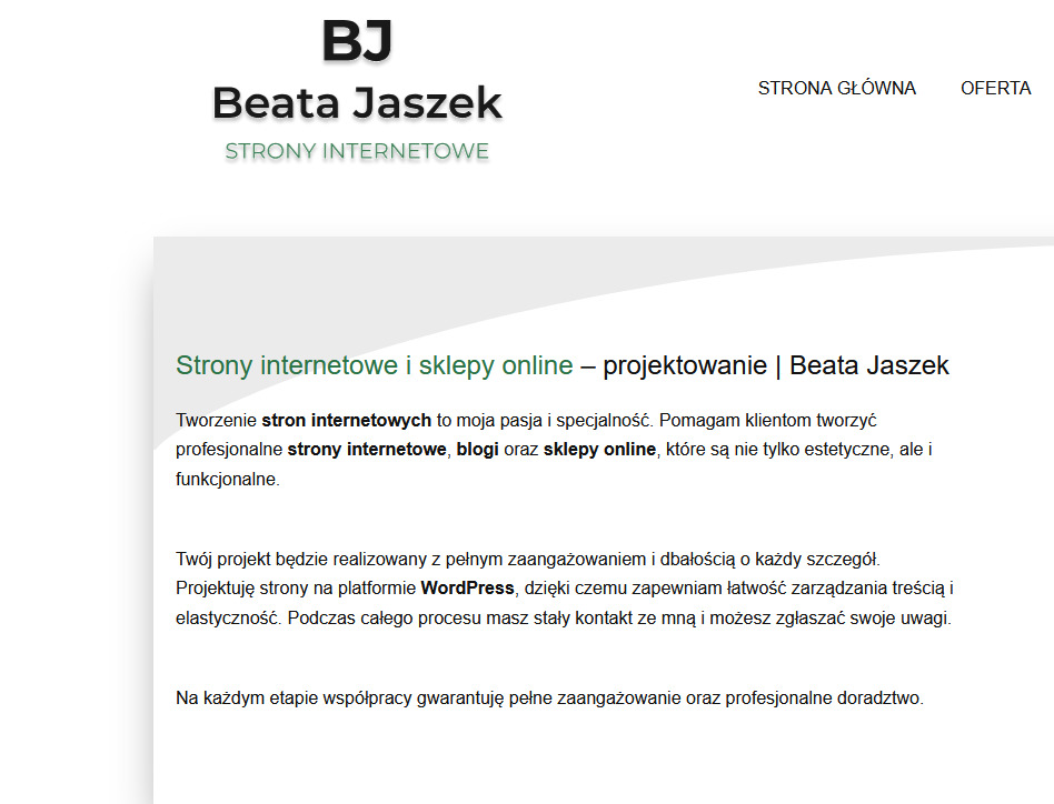 Strona internetowa Beaty Jaszek z Marki, specjalistki od projektowania stron i sklepów online. Tekst o tworzeniu stron na WordPress z pełnym zaangażowaniem.