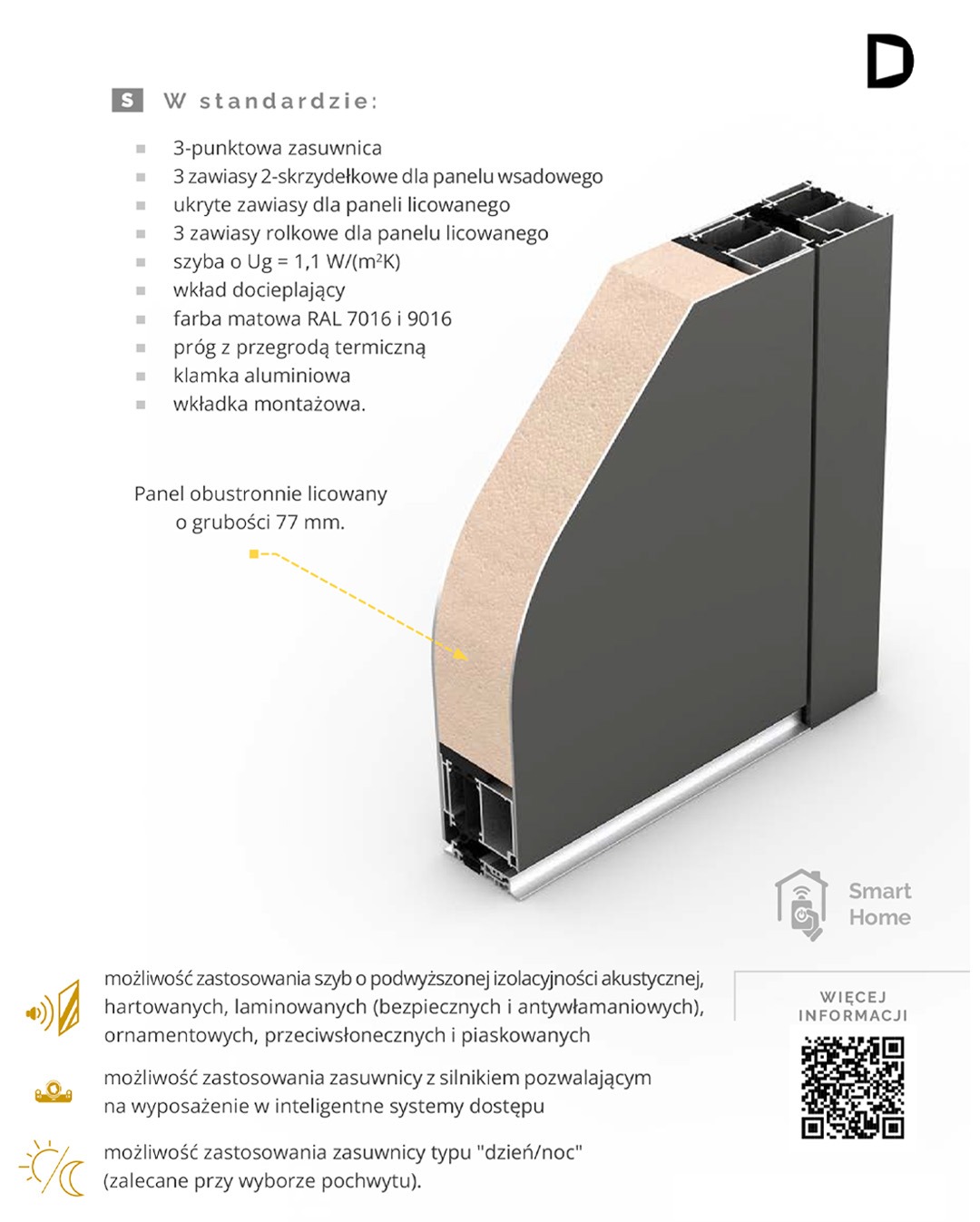 Przekrój drzwi antywłamaniowych MB86 SI, ukazujący warstwową konstrukcję z aluminium, wkład docieplający i szczegóły techniczne, takie jak zasuwnica i zawiasy.