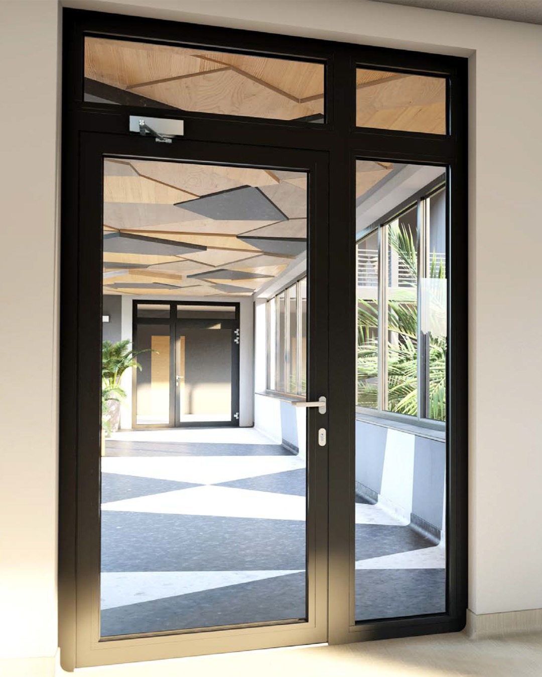 Nowoczesne, czarne drzwi z przeszkleniami w Rzeszowie. Widok na jasne wnętrze z geometrycznym sufitem i roślinami. Minimalistyczny design, wysoka jakość wykonania.