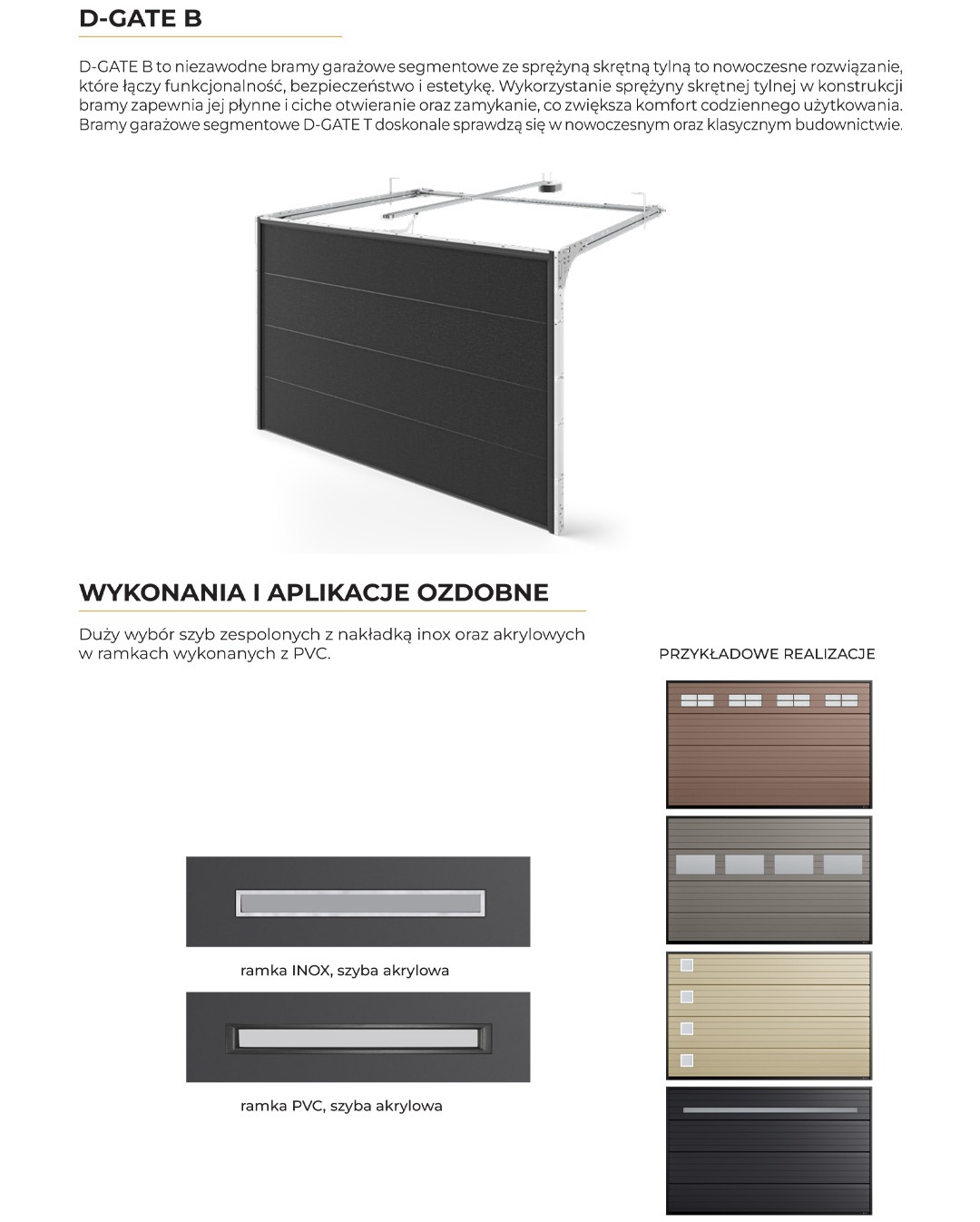 Brama garażowa segmentowa D-GATE B z ozdobnymi aplikacjami i szybami z ramką INOX/PVC. Przykładowe realizacje w różnych kolorach i wzorach.