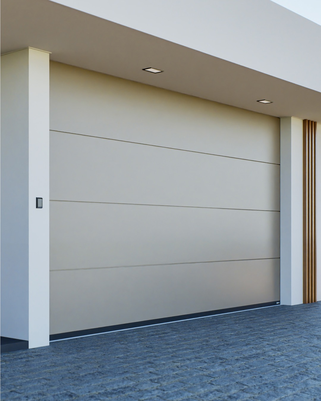 Zamknięta, segmentowa brama garażowa w kolorze beżowym, z poziomymi przetłoczeniami, zamontowana w nowoczesnym budynku z kostki brukowej na podjeździe.