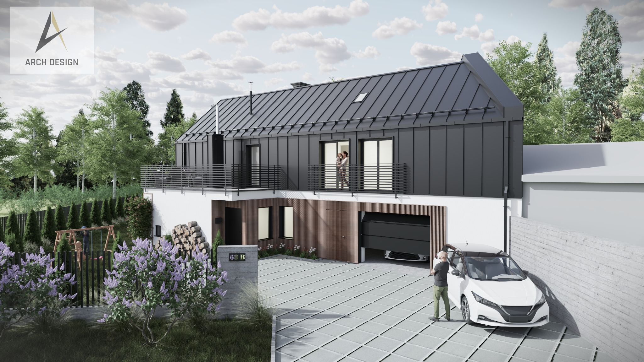 Wizualizacja nowoczesnego domu z czarną elewacją i dachem, balkonem, garażem z otwartą bramą i samochodem elektrycznym na podjeździe. Widoczny ogród i bawiące się dzieci.