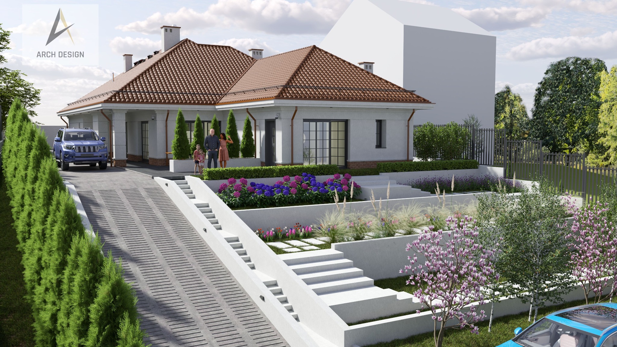 Wizualizacja domu jednorodzinnego z ogrodem kaskadowym, podjazdem i rodziną. Widoczny samochód i logo 'Arch Design' w lewym górnym rogu. Realistyczny render.