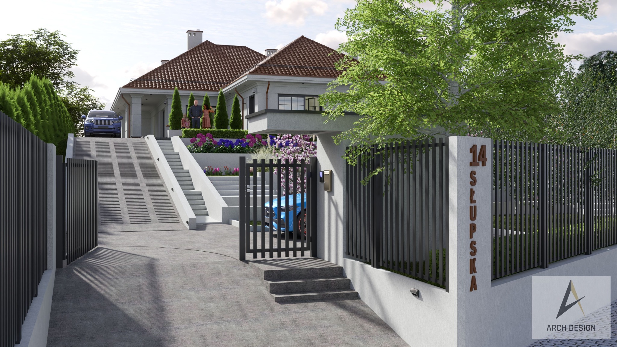 Wizualizacja domu jednorodzinnego z podjazdem, schodami i nowoczesnym ogrodzeniem z numerem '14 Słupska'. Widoczny samochód i postacie na tle budynku.