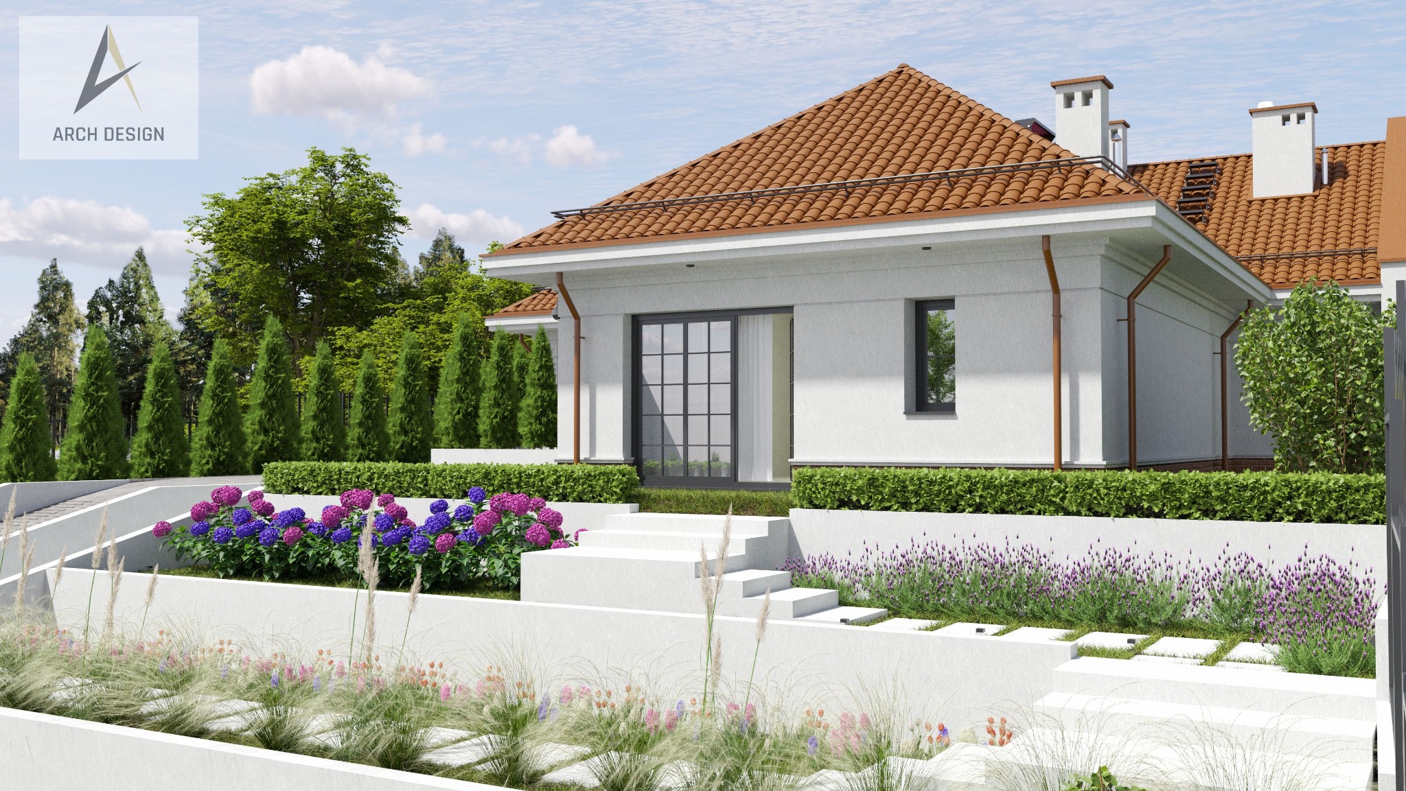Wizualizacja domu jednorodzinnego z ogrodem kaskadowym, białą elewacją i brązową dachówką. Ujęcie z poziomu ogrodu, widoczne schody i roślinność.