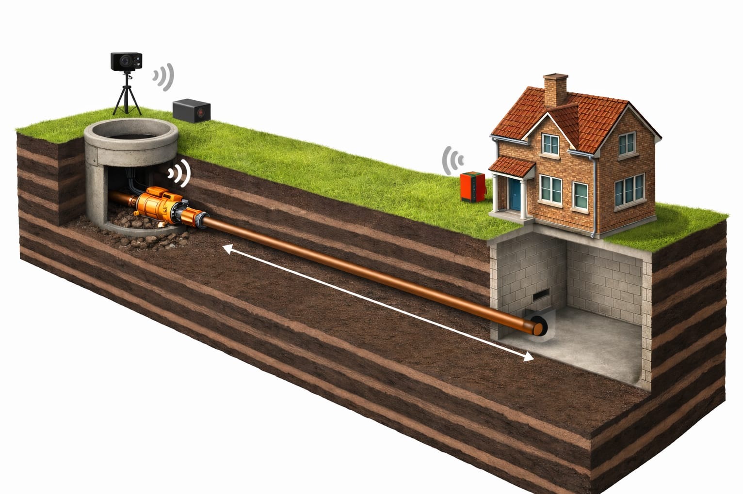 Ilustracja przewiertu sterowanego pod domem, z widocznym przekrojem ziemi, studzienką i urządzeniem wiertniczym. Schemat technologiczny z zaznaczonym kierunkiem wiercenia.