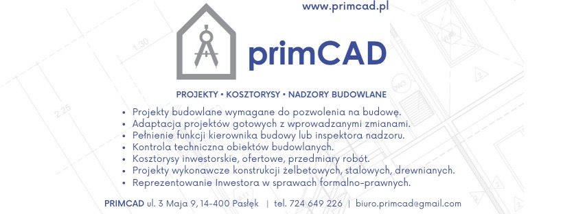 Logo firmy primCAD z ofertą projektów budowlanych, kosztorysów i nadzorów budowlanych. Zawiera adres i dane kontaktowe. W tle fragment planu architektonicznego.