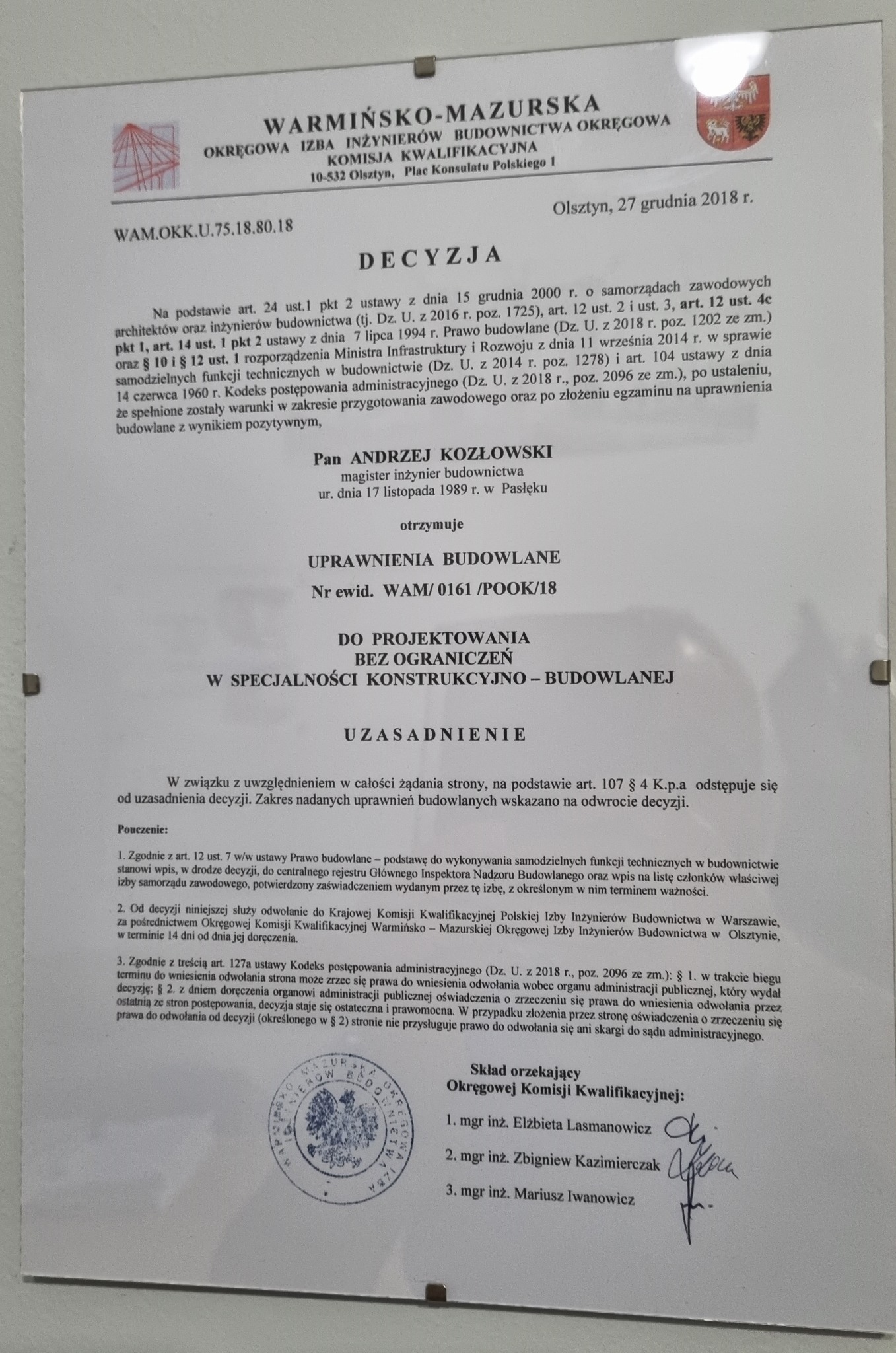Decyzja o uprawnieniach budowlanych w Pasłęku dla inżyniera, wydana przez Warmińsko-Mazurską Okręgową Izbę Inżynierów Budownictwa w Olsztynie, 27 grudnia 2018.