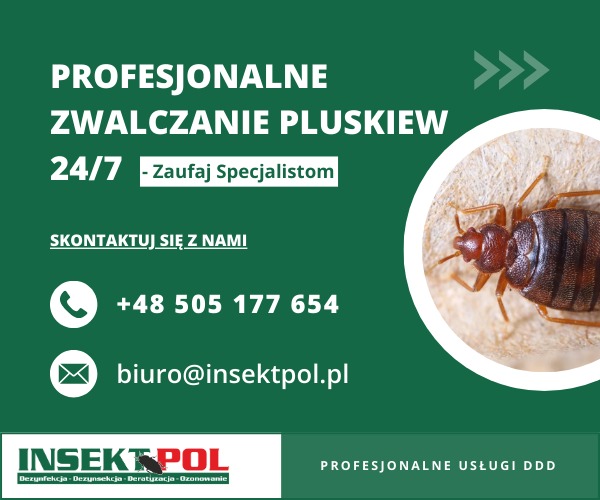 Profesjonalne zwalczanie pluskiew 24/7. Kontakt: +48 505 177 654, biuro@insektpol.pl. Grafika z pluskwą i logo Insektpol. Profesjonalne usługi DDD.