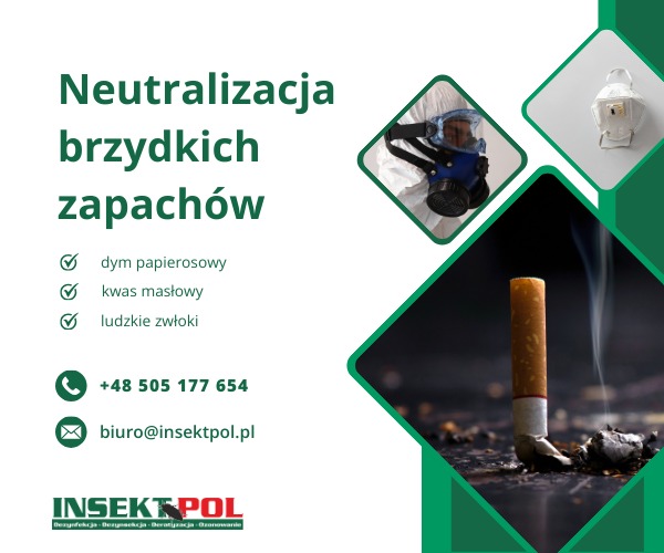 Grafika reklamowa: Neutralizacja zapachów (dym, kwas masłowy, zwłoki). Kontakt: +48 505 177 654, biuro@insektpol.pl. Logo Insektpol. Osoba w kombinezonie ochronnym.
