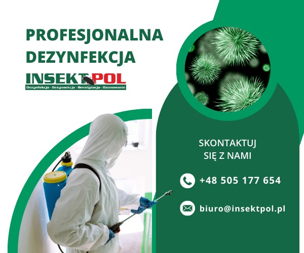 Profesjonalna dezynfekcja: pracownik w kombinezonie ochronnym z opryskiwaczem, logo firmy Insekt-Pol, kontakt telefoniczny i mailowy na zielonym tle.