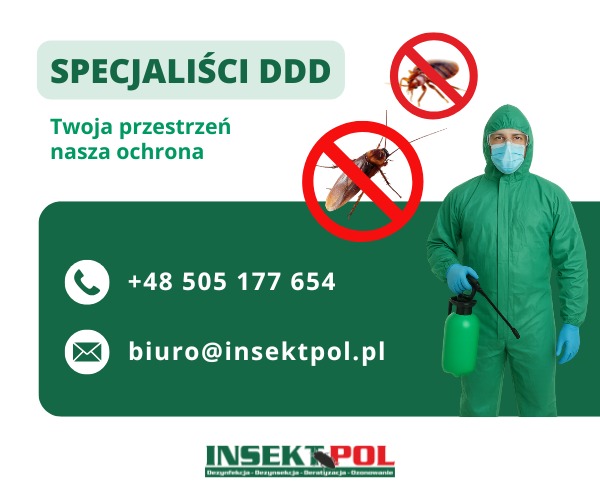 Specjalista DDD w kombinezonie ochronnym z opryskiwaczem, obok grafiki przekreślonych owadów. Kontakt: biuro@insektpol.pl, +48 505 177 654.