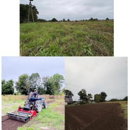 Jakub Liberacki - Kompozycja trzech ujęć: pole z gniazdem bociana, traktor z glebogryzarką w trakcie pracy i przygotowane pole pod uprawę. Pochmurny dzień.