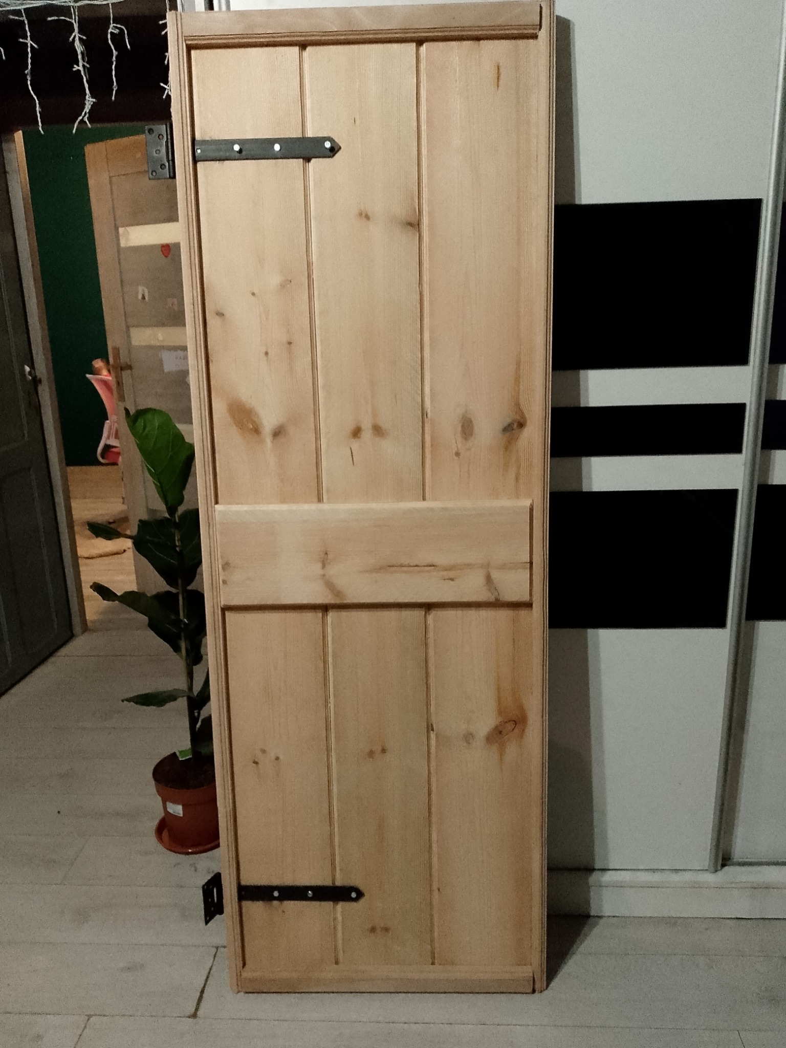 Drewniane drzwi z metalowymi zawiasami, widoczne słoje drewna, obok roślina doniczkowa i szafa z czarno-białymi pasami. Ujęcie z bliska, wewnątrz pomieszczenia.