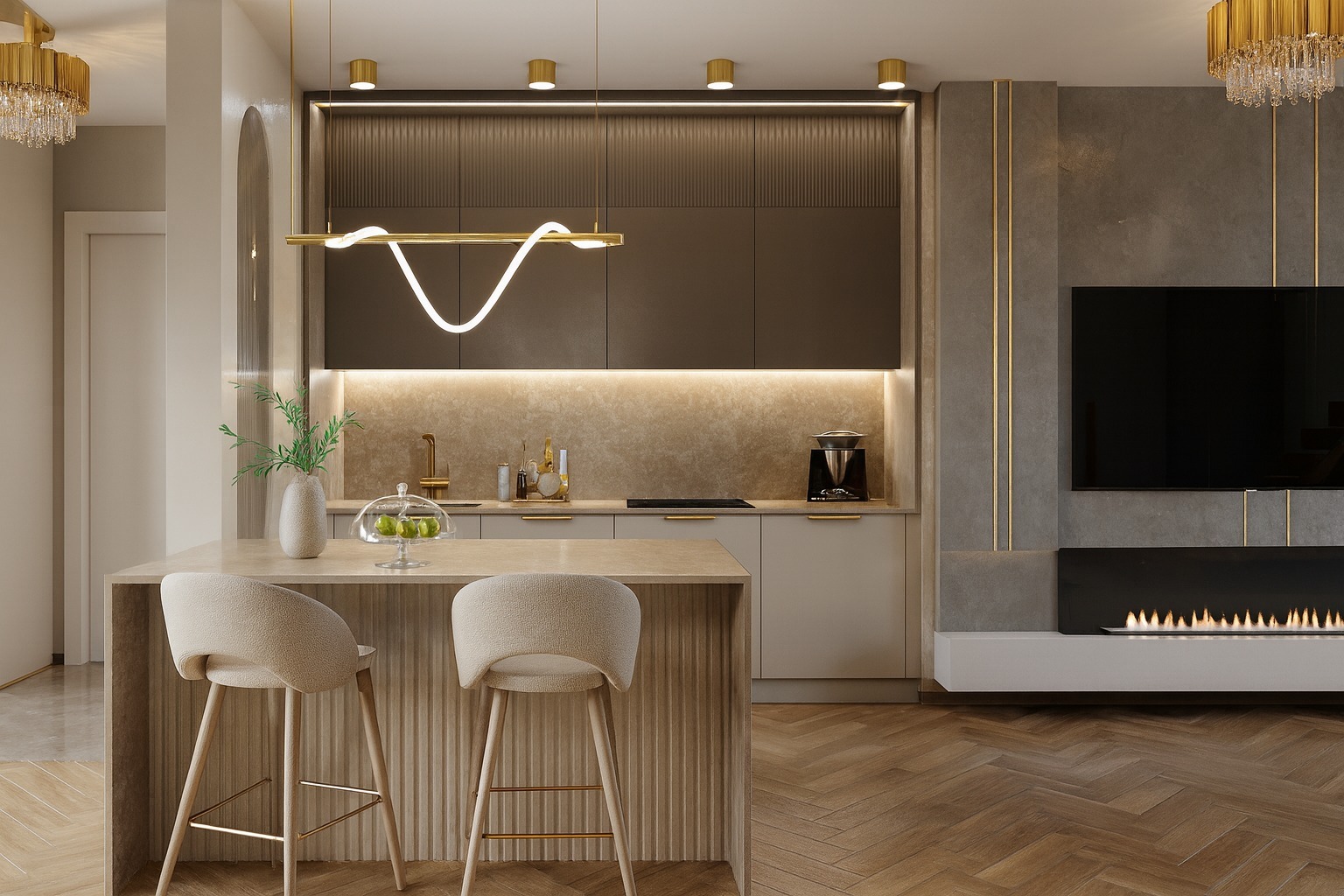 Nowoczesna kuchnia z wyspą i hokerami w beżowej tonacji. Minimalistyczne oświetlenie, dekoracyjny kominek i telewizor na ścianie. Parkiet ułożony w jodełkę.