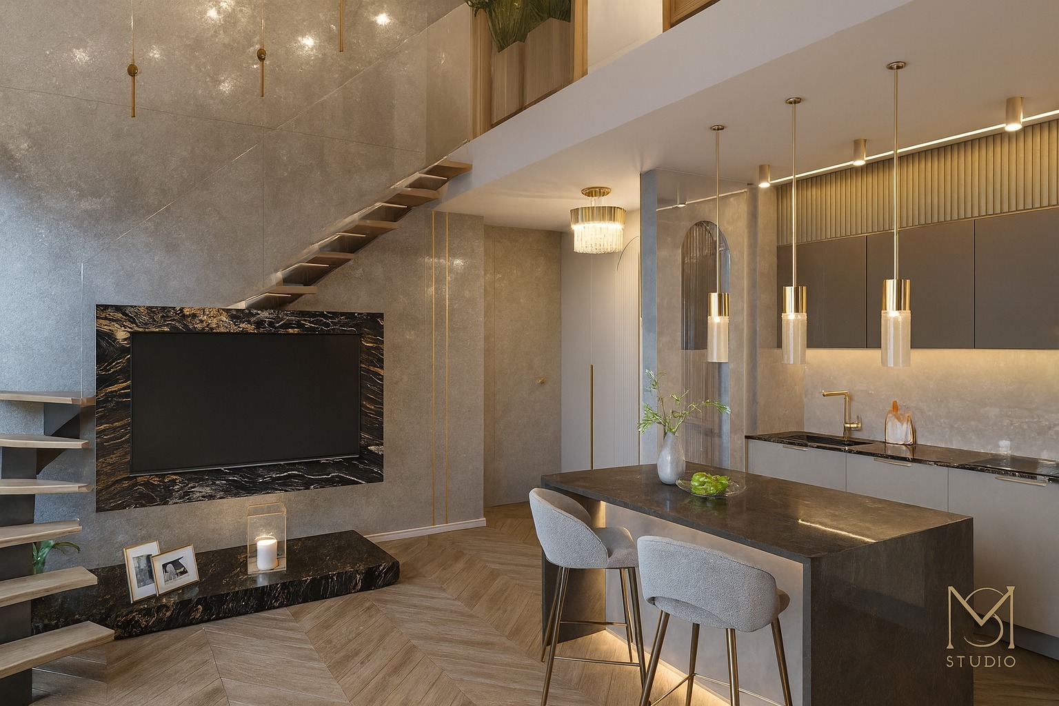 Nowoczesne wnętrze z otwartą kuchnią, schodami i ścianą TV. Uwagę przykuwa marmurowa obudowa TV i wyspa kuchenna z hokerami. Oświetlenie punktowe i dekoracyjne.