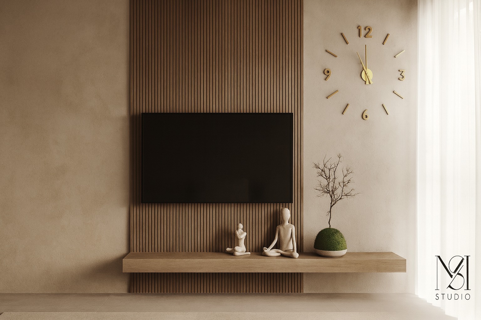 Minimalistyczny salon: telewizor na tle drewnianych paneli, dekoracje zen (figurki, drzewko bonsai), złoty zegar ścienny. Stonowana kolorystyka, nowoczesny design.