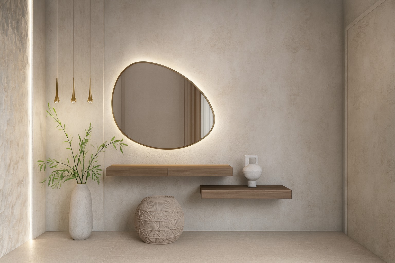Beżowe wnętrze z asymetrycznym lustrem podświetlonym LED, drewnianymi półkami, wazonem z rośliną i pufą. Minimalistyczny design z akcentami naturalnymi.