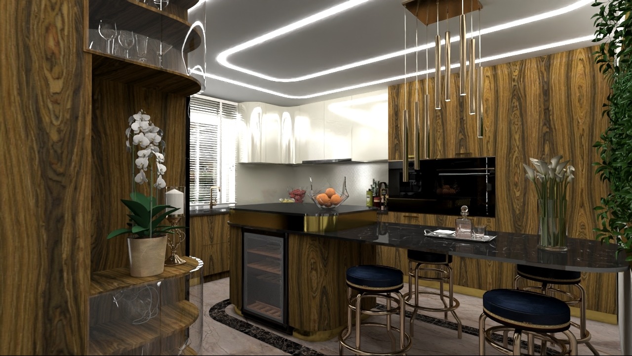 Nowoczesna kuchnia z drewnianymi frontami, wyspą z barkiem i chłodziarką na wino. Oświetlenie LED podkreśla luksusowy charakter wnętrza. Marmurowa podłoga i złote akcenty.