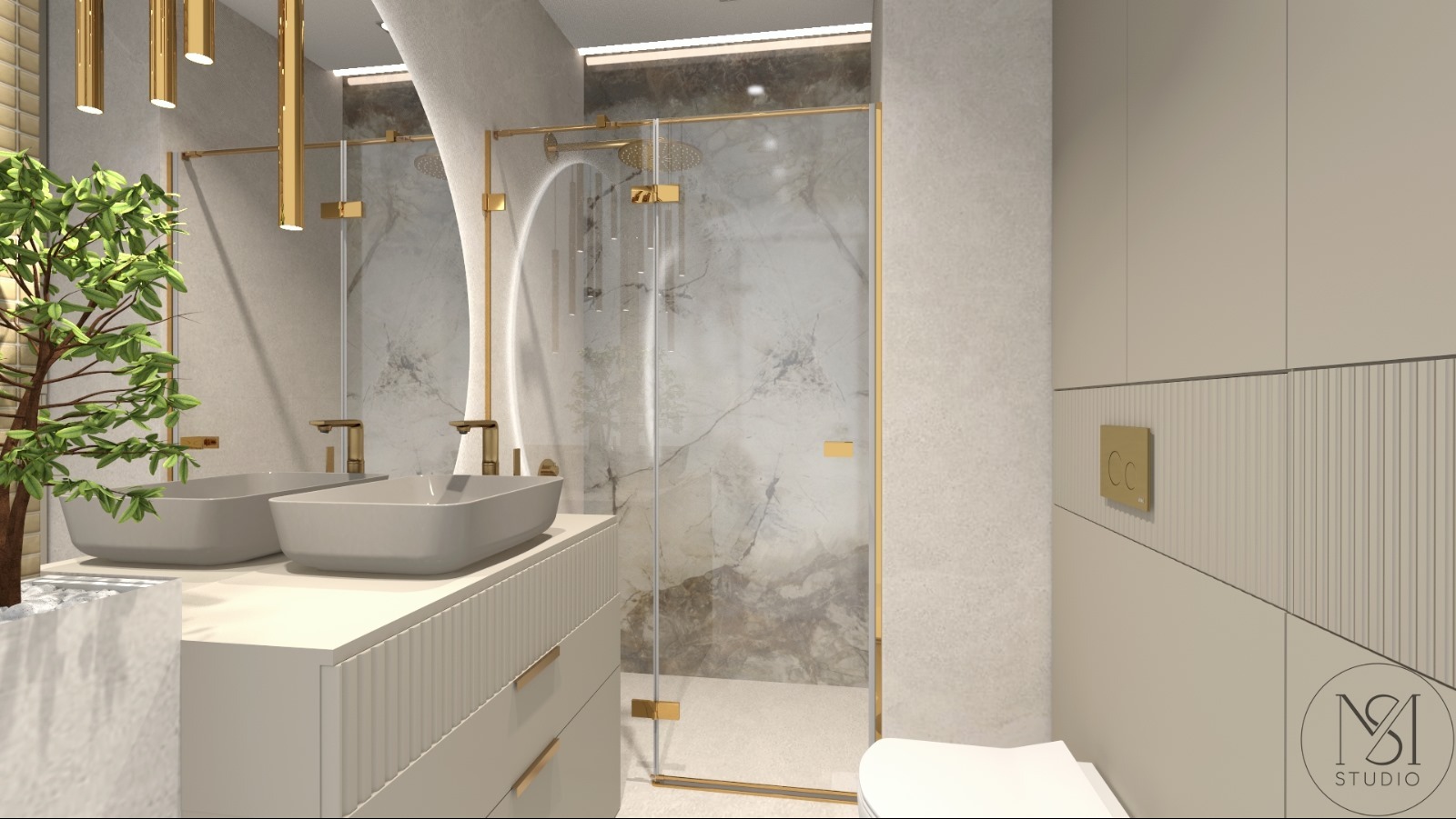 Nowoczesna łazienka z dwoma umywalkami w odcieniach beżu i złota, kabina prysznicowa ze złotymi detalami, roślina w doniczce. Minimalistyczny design z marmurowym akcentem.