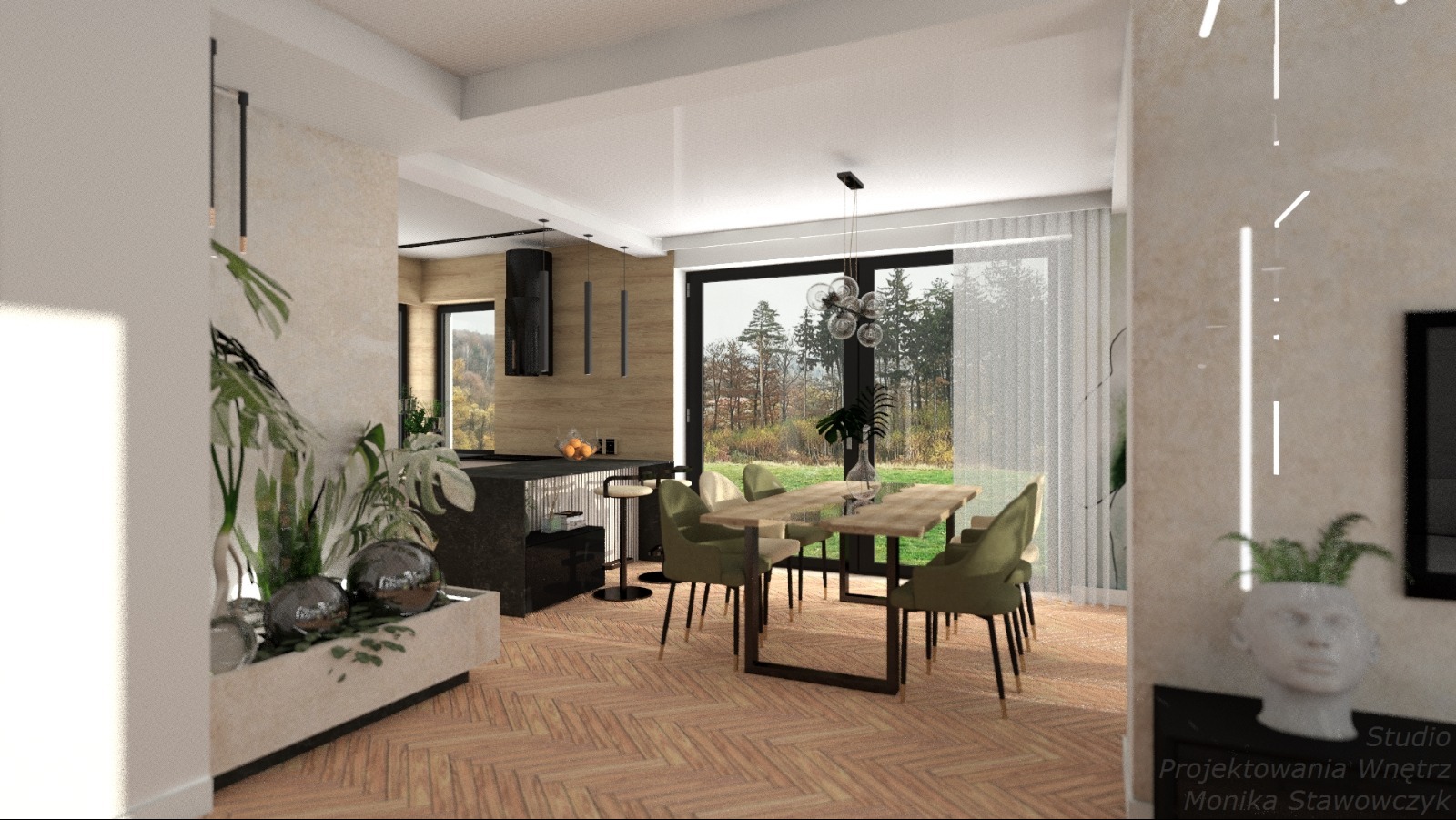 Wnętrze jadalni z otwartą kuchnią, parkiet w jodełkę, stół z krzesłami w odcieniach zieleni, duże okno z widokiem na zieleń, nowoczesne oświetlenie.