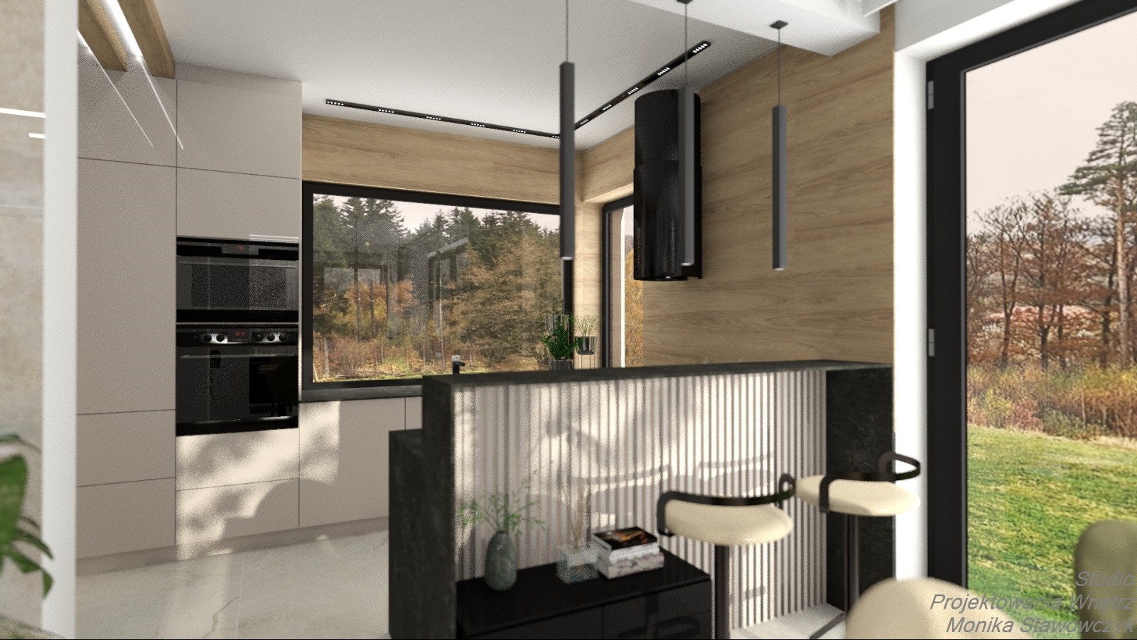 Wizualizacja nowoczesnej kuchni z oknem na las, wyspą z hokerami i zabudową kuchenną w odcieniach beżu i czerni. Minimalistyczne oświetlenie.