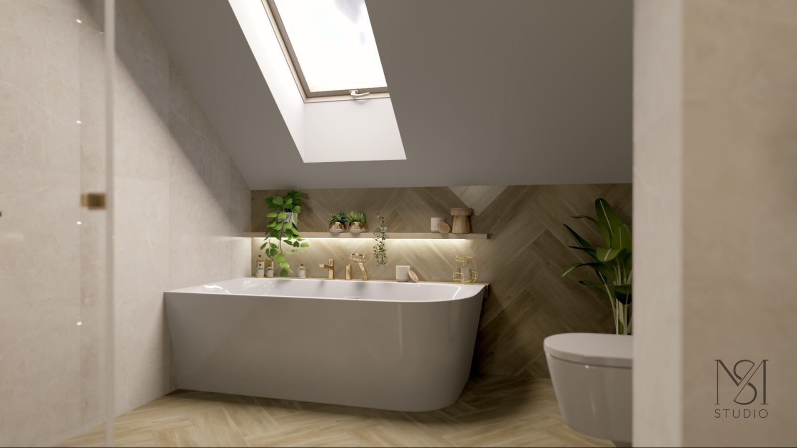 Projekt łazienki na poddaszu z oknem dachowym, beżowymi płytkami i drewnianą podłogą w jodełkę. Wanna wolnostojąca, toaleta i rośliny.