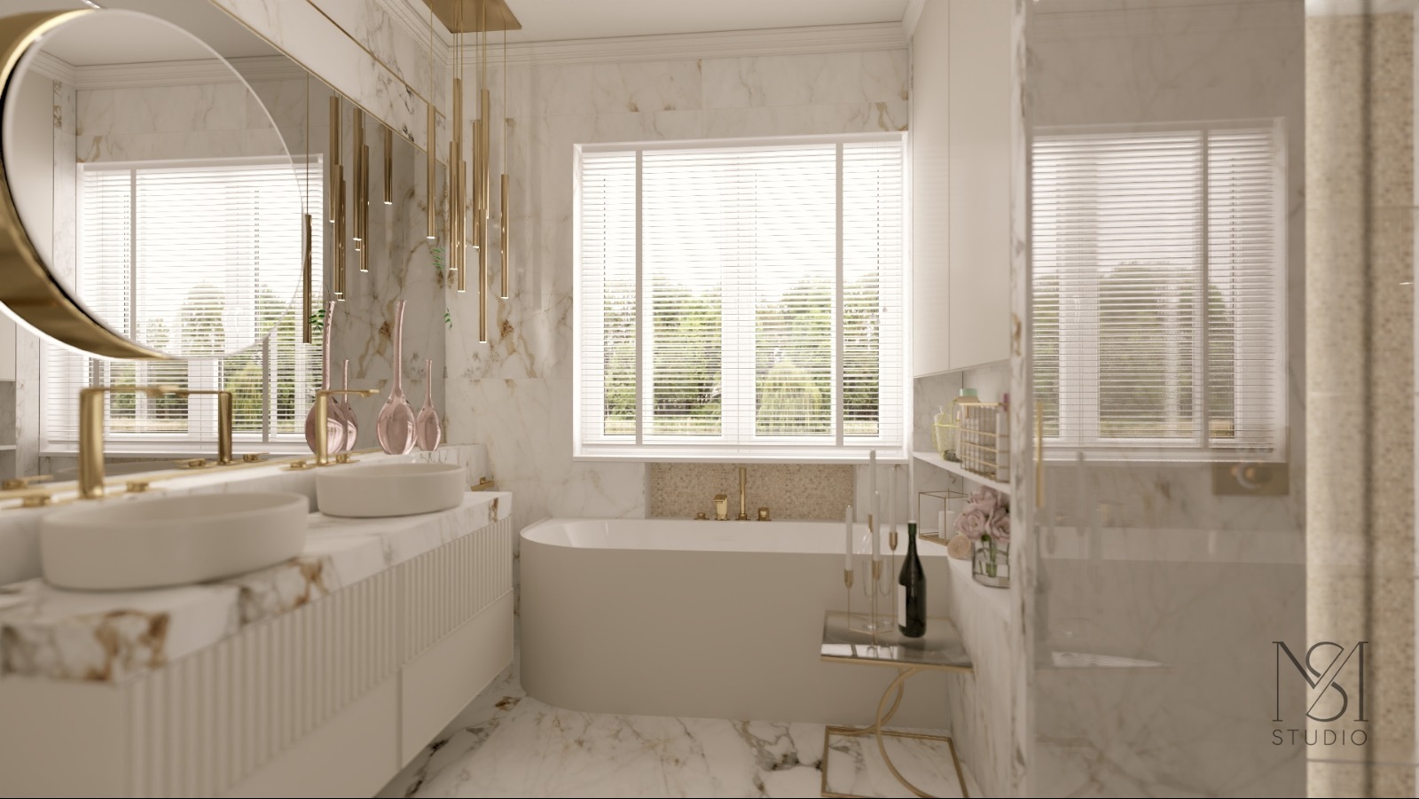 Elegancka łazienka z marmurowymi płytkami, owalną wanną pod oknem i podwójną umywalką na blacie z dekoracyjnymi żłobieniami. Złote akcenty oświetlenia i armatury.