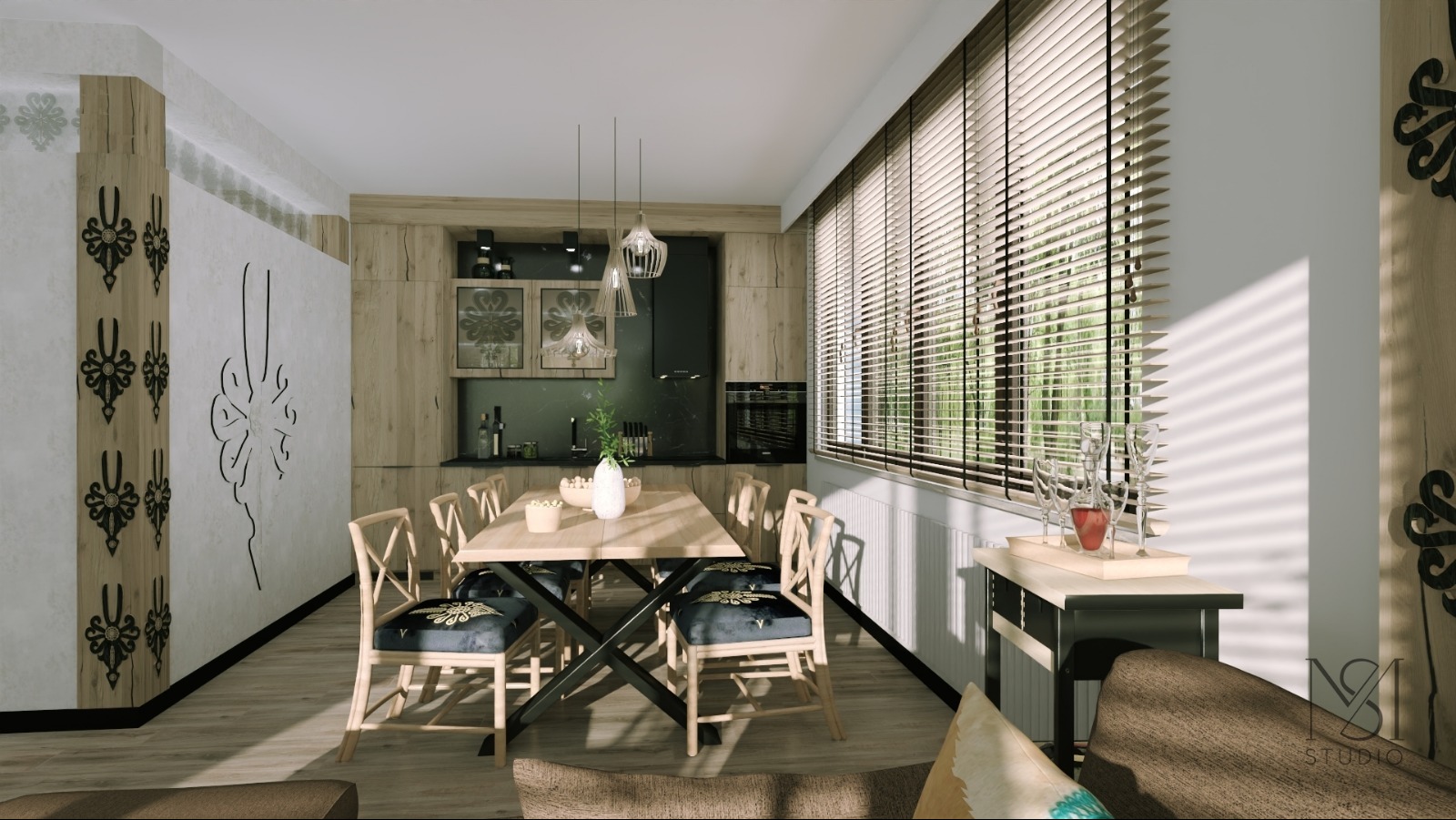 Jasna kuchnia z jadalnią w stylu nowoczesnym. Drewniane meble, stół z krzesłami, żaluzje w oknach. Dekoracyjne elementy góralskie na ścianie.