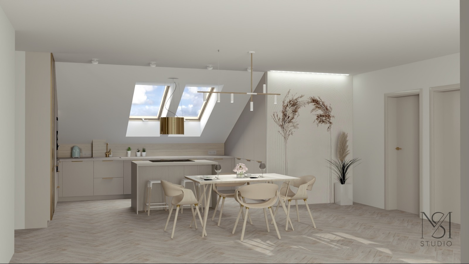 Wizualizacja jasnej kuchni z jadalnią na poddaszu. Uwagę przykuwają okna dachowe, minimalistyczna lampa i dekoracja ścienna z motywem roślinnym.