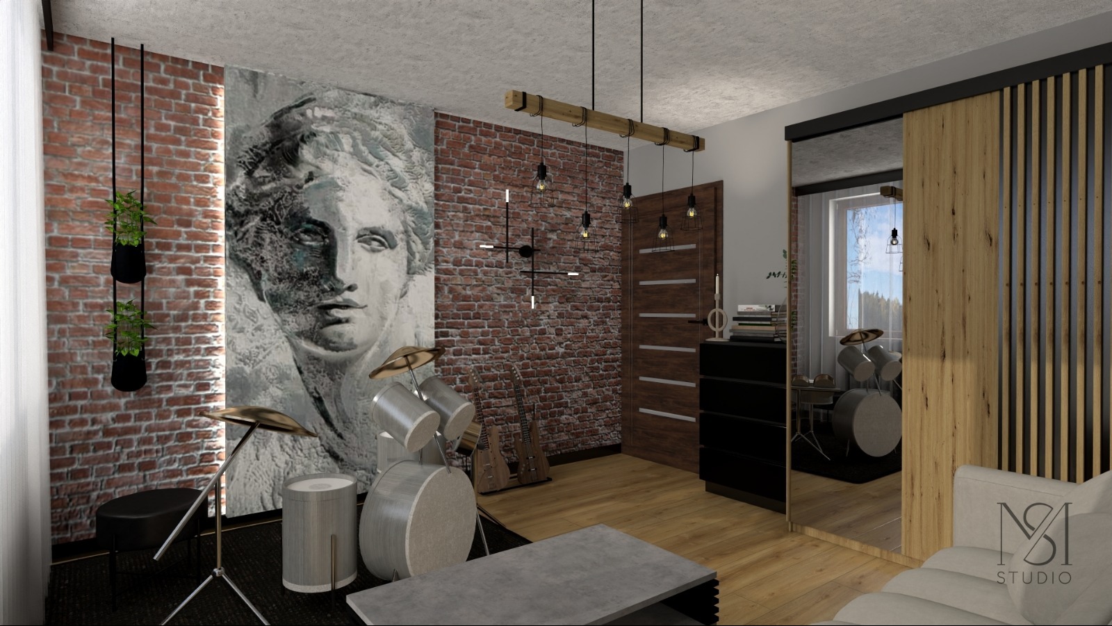 Pokój muzyczny z ceglaną ścianą, portretem na ścianie, zestawem perkusyjnym i gitarami. Industrialny styl podkreślają lampy i betonowy stolik kawowy.