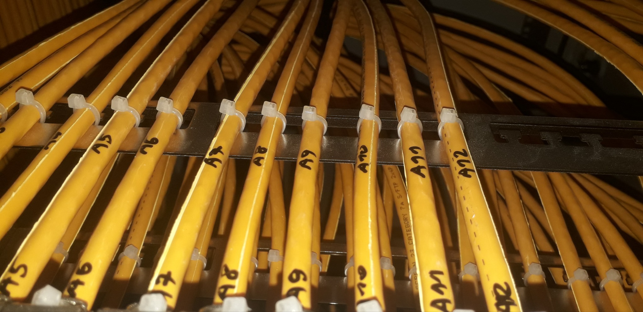 Żółte kable sieciowe z oznaczeniami alfanumerycznymi, uporządkowane w metalowej ramie. Widoczne uchwyty mocujące i fragment specyfikacji kabla.