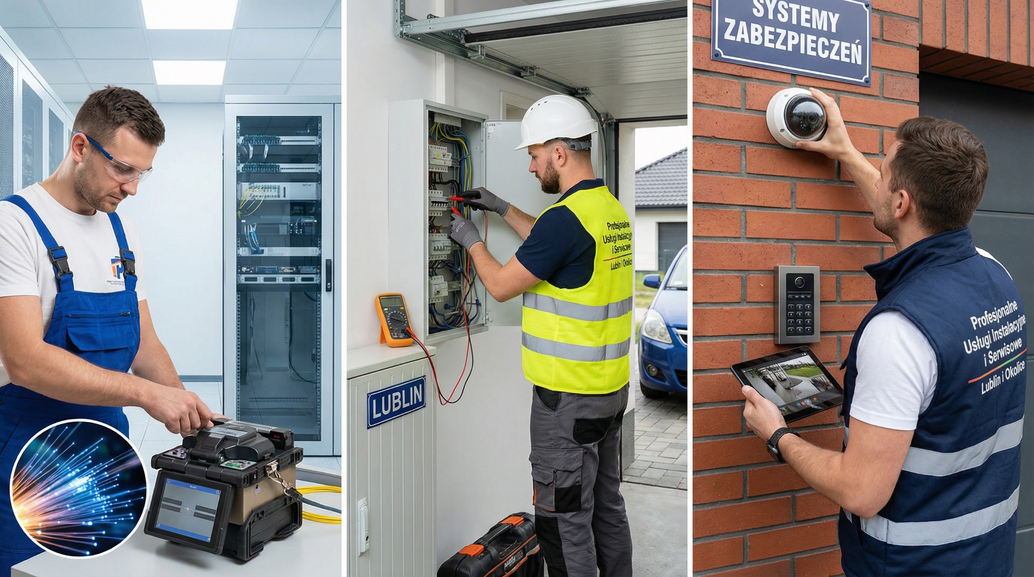 Kolaż: technik łączy światłowód, elektryk pracuje przy skrzynce, instalator montuje kamerę i domofon. Profesjonalne usługi instalacyjne i serwisowe.