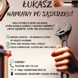 El.Mont - Reklama usług 'Złota Rączka Łukasz' z hasłem 'Naprawy po sąsiedzku', dłoń trzymająca klucz francuski, pędzel, elementy instalacji, lista usług domowych i dane kontaktowe.