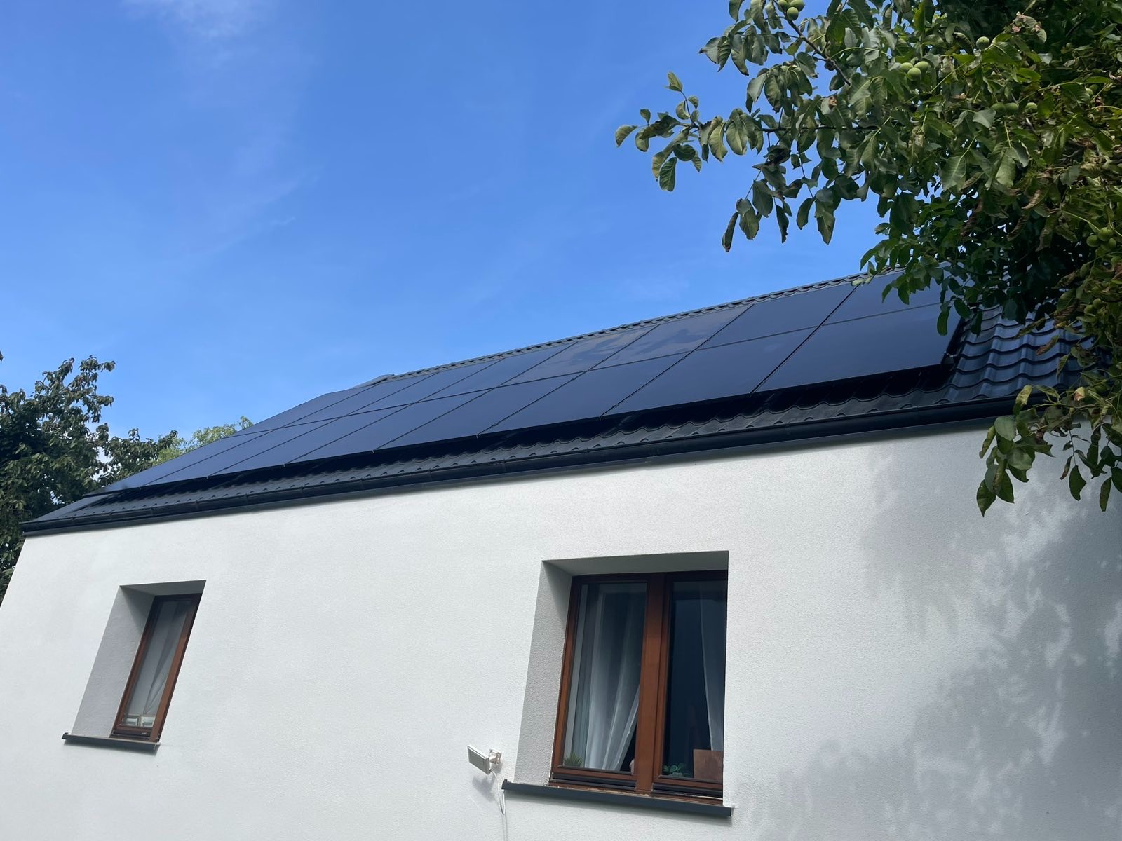 Czarny panel fotowoltaiczny na dachu białego domu jednorodzinnego, widok z dołu, błękitne niebo w tle, fragment drzewa po prawej stronie kadru.