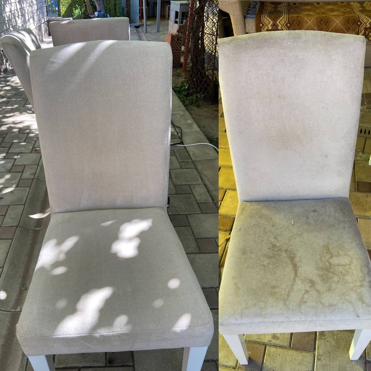 Krzesło tapicerowane: po lewej czyste, po prawej zabrudzone. Ukazane w kadrze typu 'przed i po' na tle kostki brukowej i ogrodzenia z siatki.