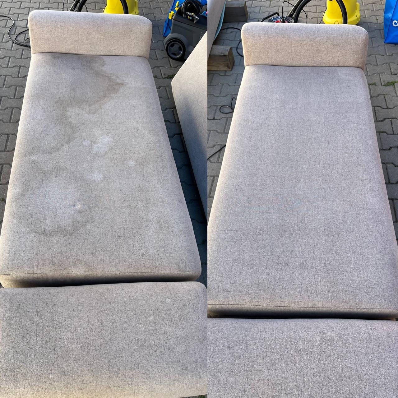 Sofa modułowa w odcieniach beżu: po lewej widoczne plamy przed czyszczeniem, po prawej - efekt po zabiegu. W tle sprzęt czyszczący i kostka brukowa.