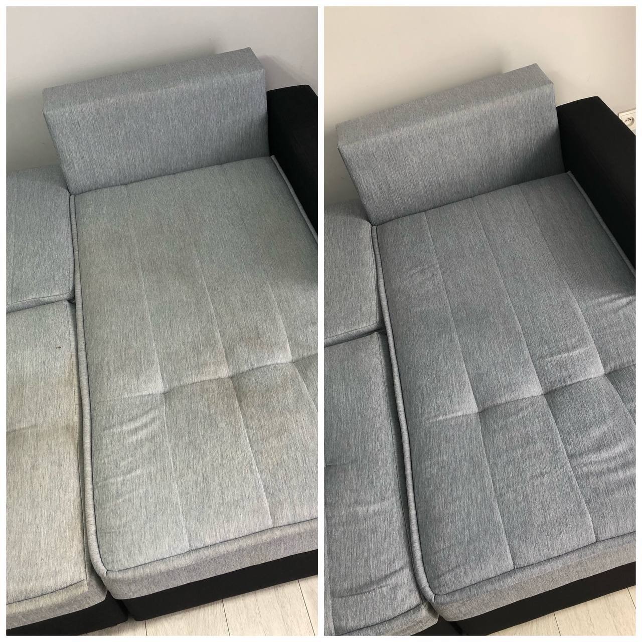 Szara sofa narożna z widoczną różnicą w czystości tapicerki przed i po zabiegu. Po prawej stronie widoczny efekt czyszczenia, po lewej zabrudzenia.