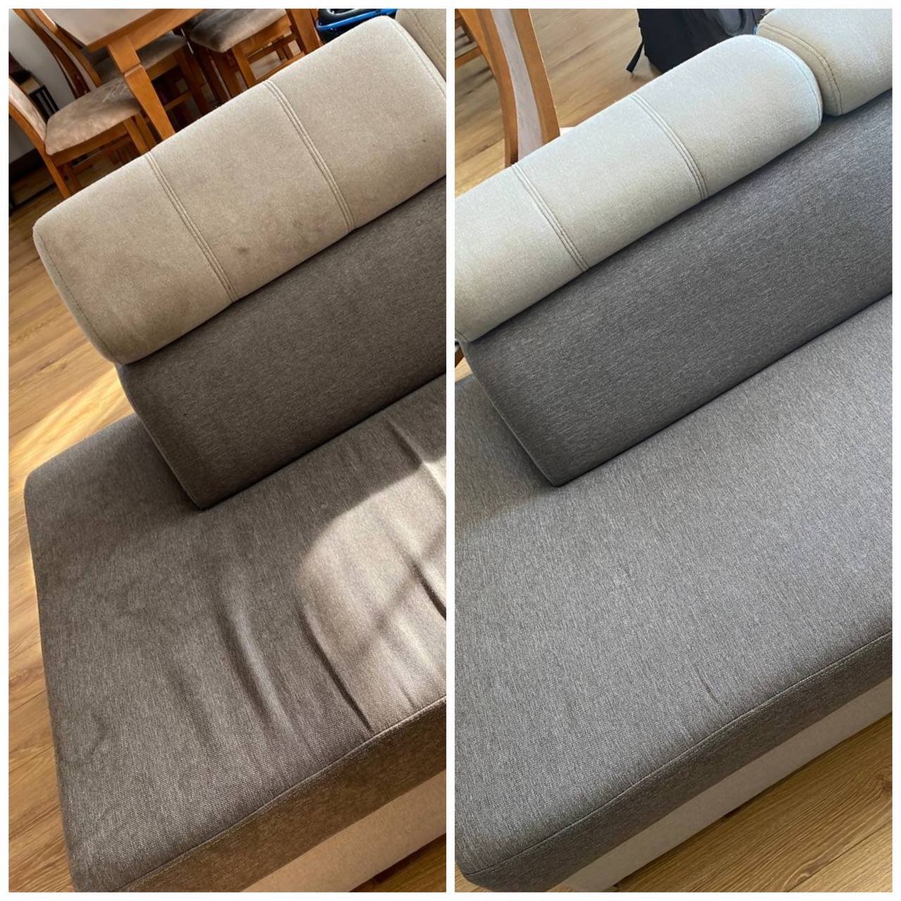Zdjęcie 'przed i po' czyszczenia sofy z jasnymi poduszkami. Po lewej widoczne zabrudzenia, po prawej czysta, odświeżona tapicerka. Widoczne drewniane elementy stołu i krzesła.