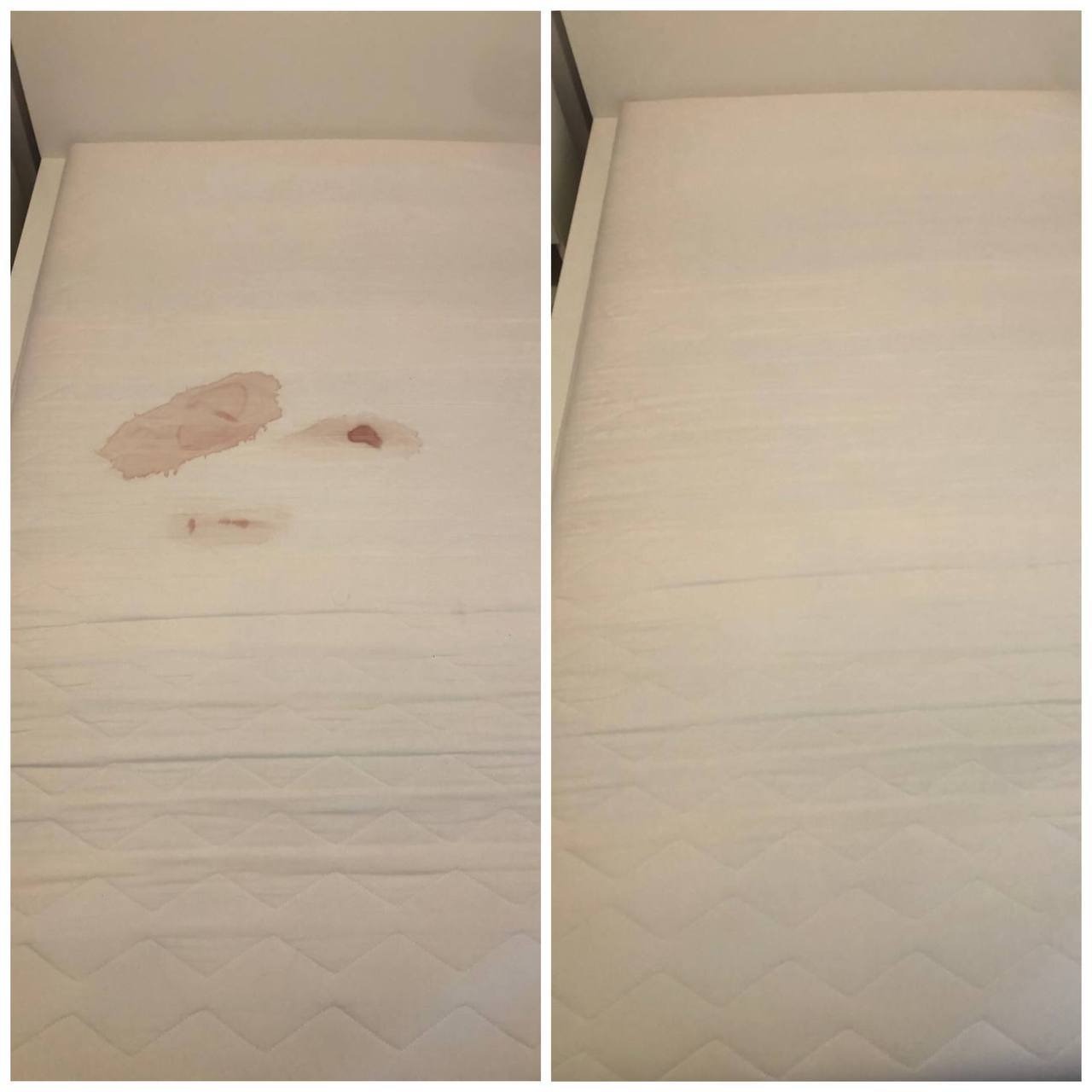 Materac przed i po czyszczeniu: po lewej stronie widoczne plamy, po prawej - czysty materac. Efekt prania tapicerki materaca.