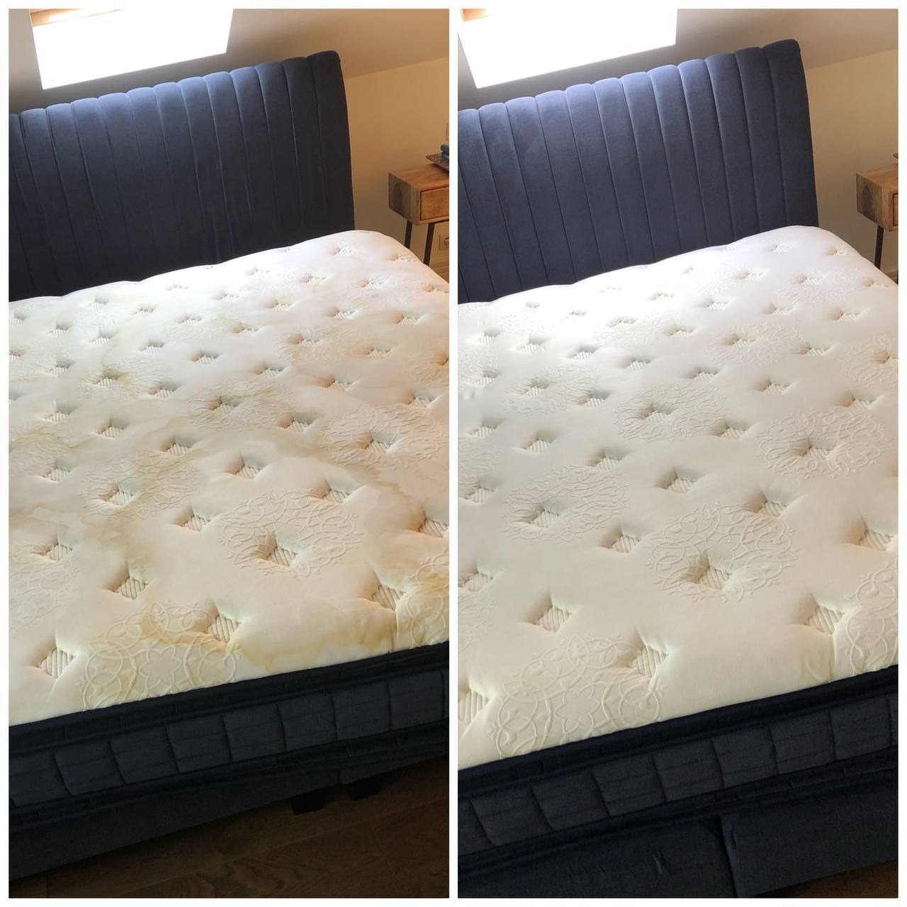 Materac przed i po czyszczeniu: widoczne plamy usunięte, odświeżony wygląd. Porównanie na podzielonym zdjęciu, z boku widoczny fragment szafki nocnej.