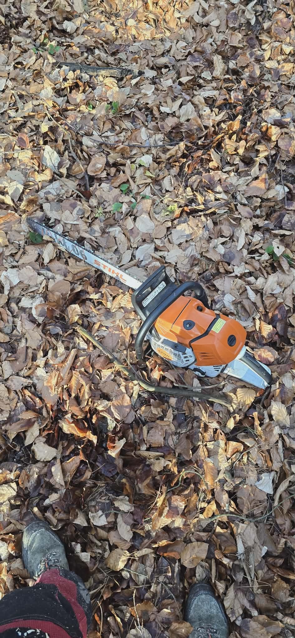 Pomarańczowa piła spalinowa Stihl leży na brązowych, opadłych liściach. Widoczne buty osoby stojącej nad piłą. Sprzęt do prac ogrodniczych.