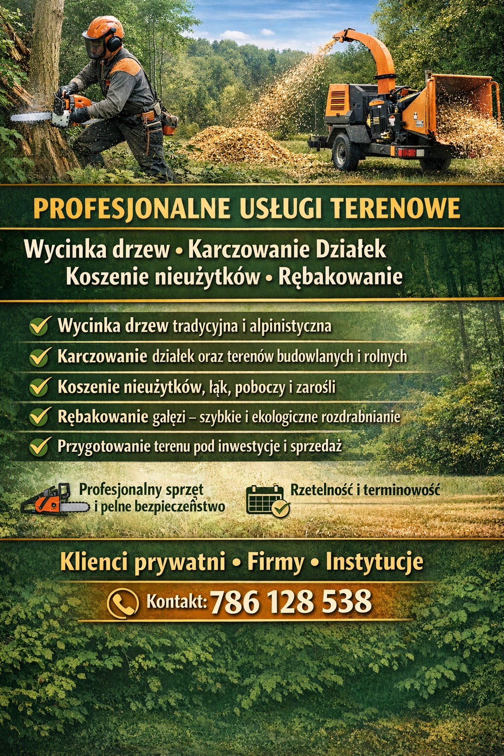 Plakat reklamowy usług terenowych: wycinka drzew, karczowanie działek, koszenie nieużytków i rębakowanie. Pracownik z piłą i maszyna do rębakowania gałęzi.