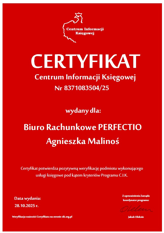 Certyfikat Centrum Informacji Księgowej dla Biura Rachunkowego PERFECTIO, potwierdzający pozytywną weryfikację usług księgowych. Data wydania: 28.10.2025.
