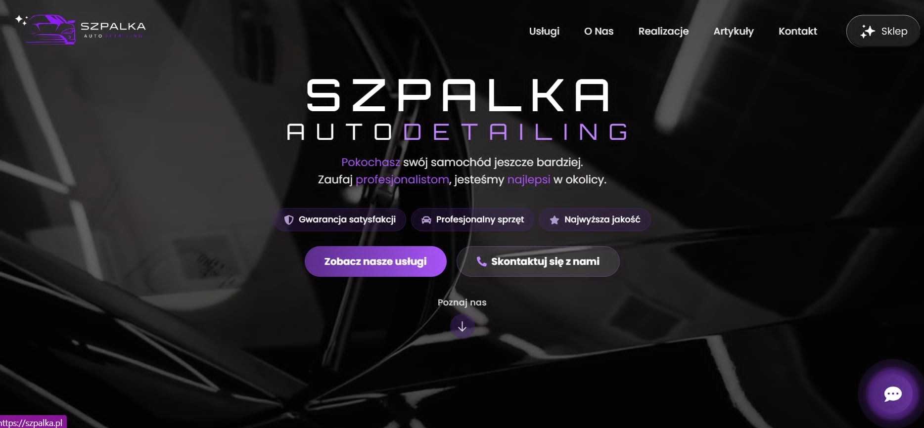 Strona internetowa firmy Szpalka Autodetailing z hasłami: 'Pokochasz swój samochód jeszcze bardziej', 'Gwarancja satysfakcji' i przyciskami 'Zobacz nasze usługi'.