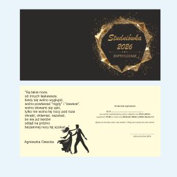 Paweł Smyczyński - Eleganckie zaproszenie na studniówkę 2026 z motywem złotych geometrycznych zdobień i sylwetką tańczącej pary. Tekst zaproszenia z wierszem Agnieszki Osieckiej.