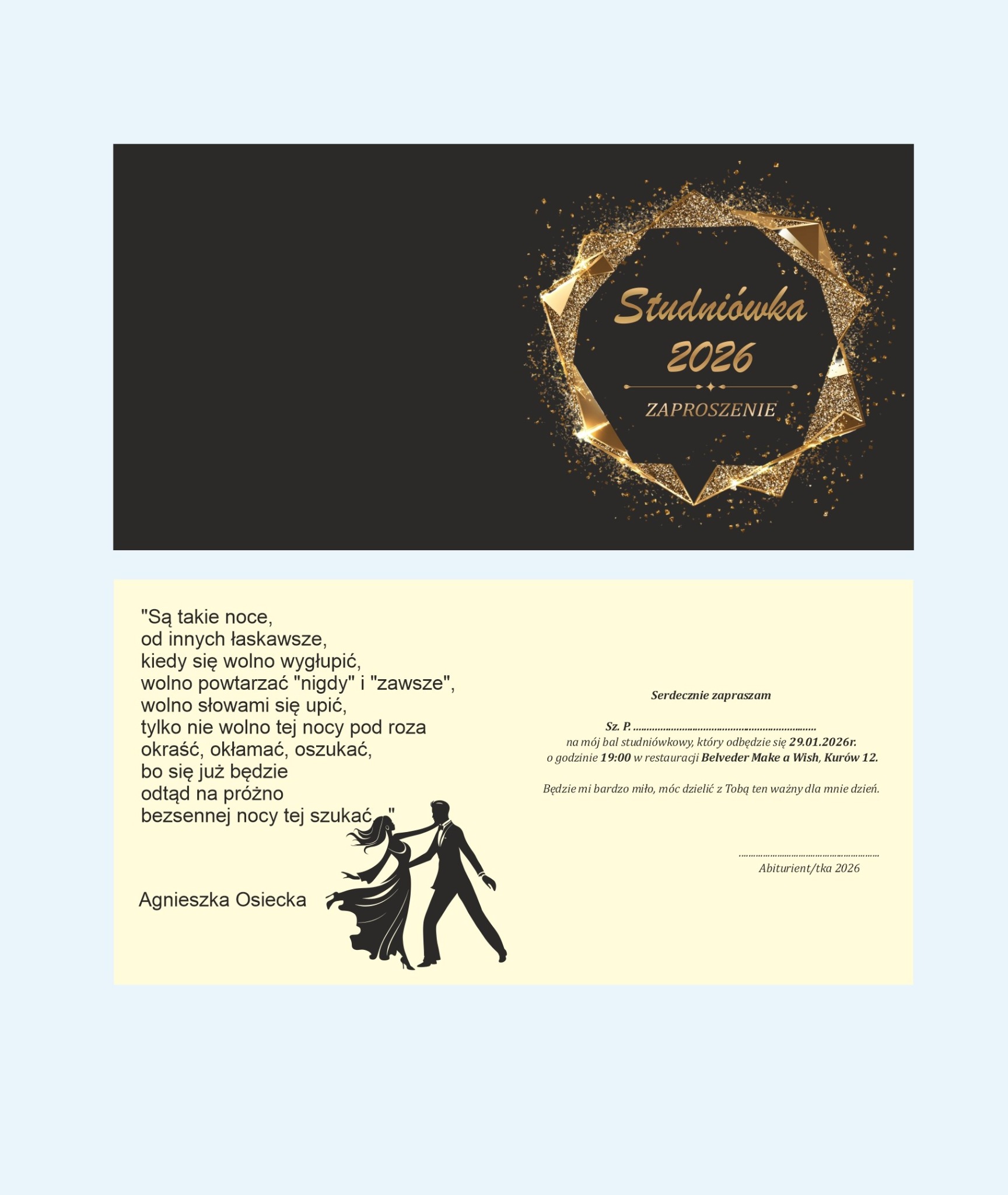 Eleganckie zaproszenie na studniówkę 2026 z motywem złotych geometrycznych zdobień i sylwetką tańczącej pary. Tekst zaproszenia z wierszem Agnieszki Osieckiej.